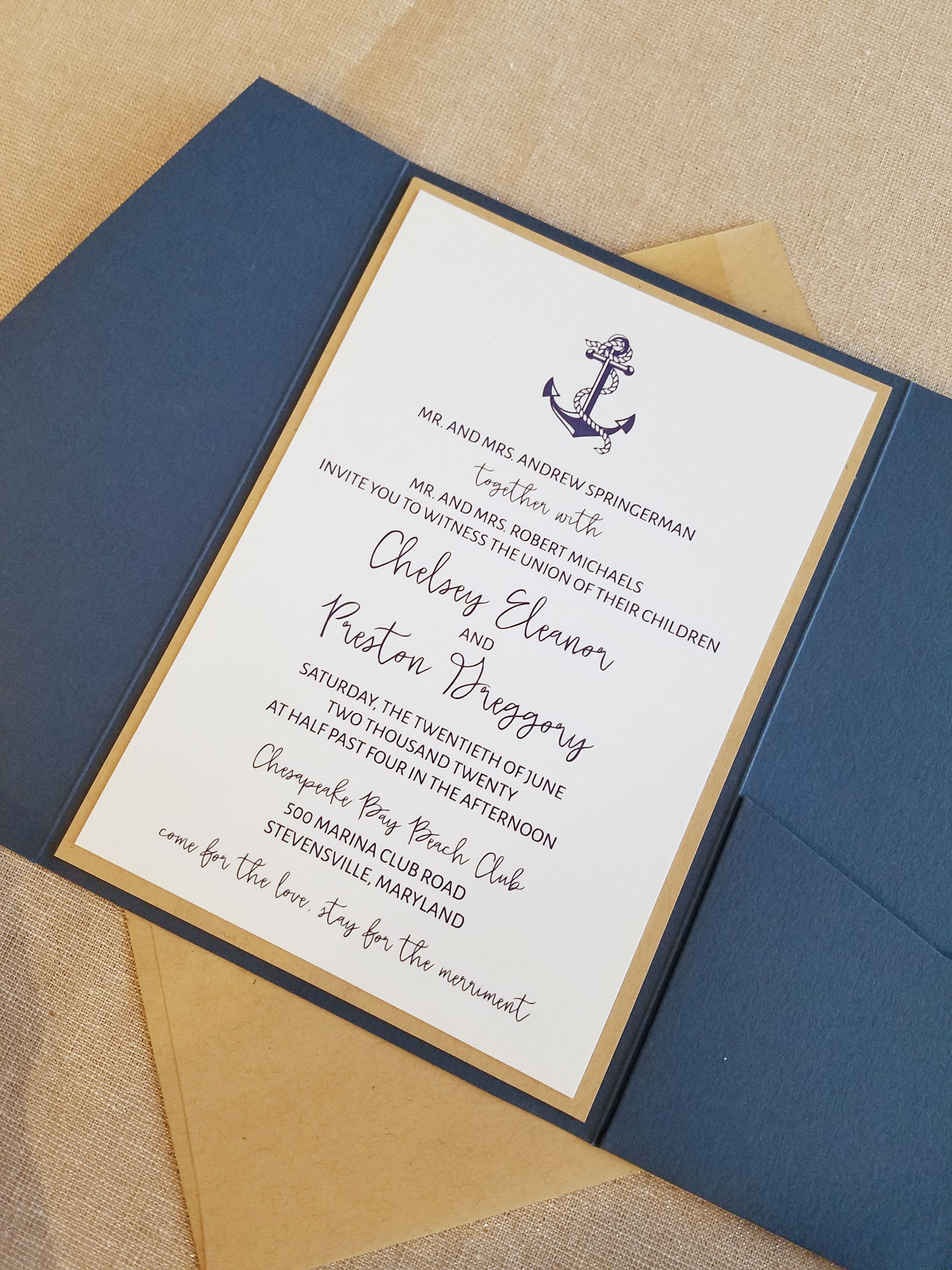Navy Pocketfold Nautical Wedding Invitation Sample