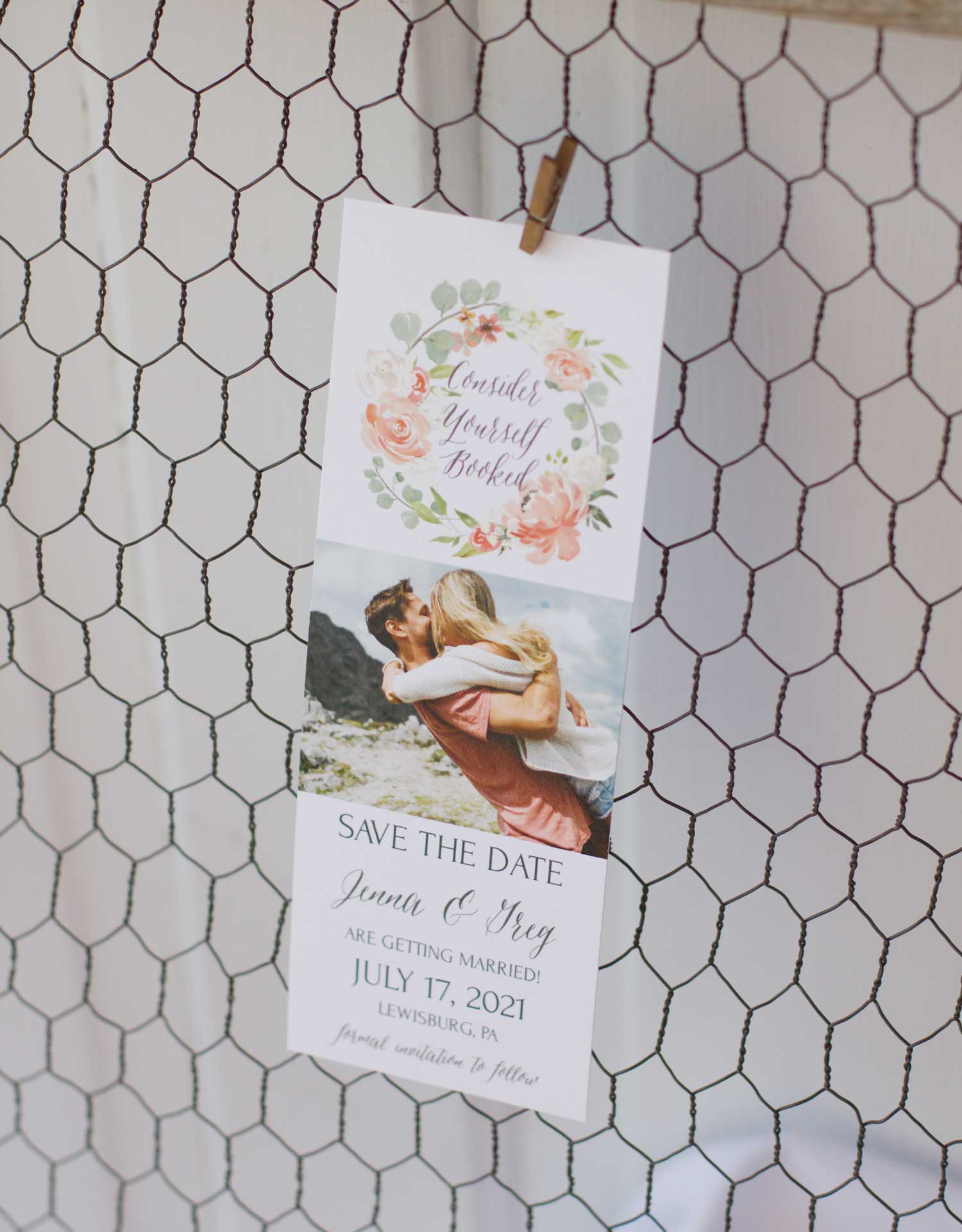 peaches and cream save the date bookmark with peach flower wreath