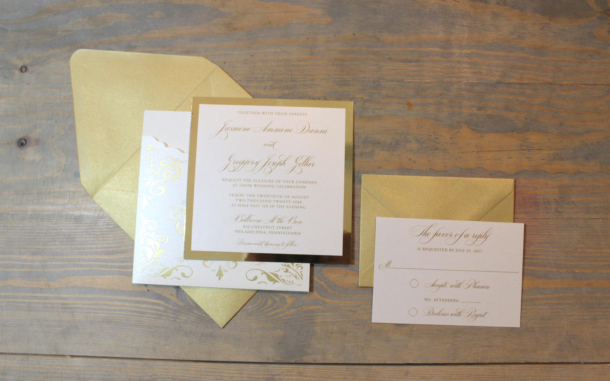 jasmine gold foil wedding invitation