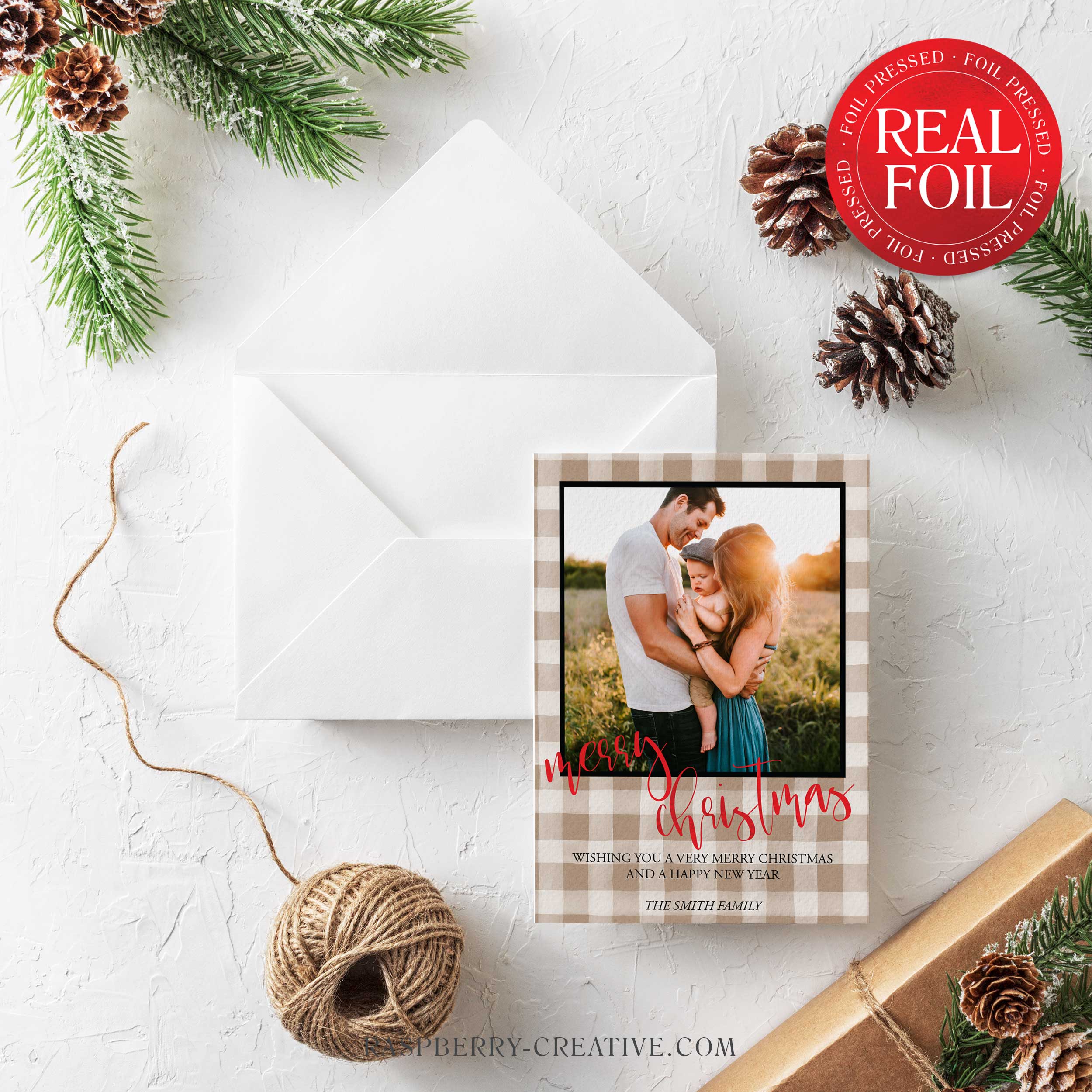 foil stamped buffalo plaid holiday card