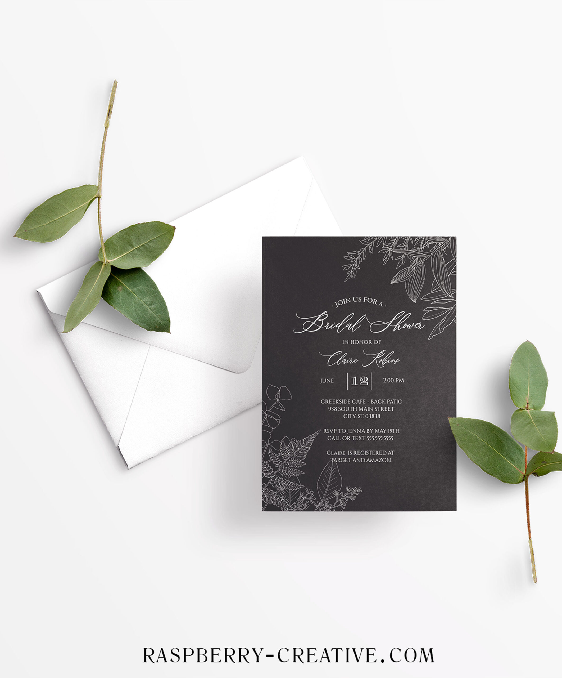 black fresh greenery bridal shower invitation