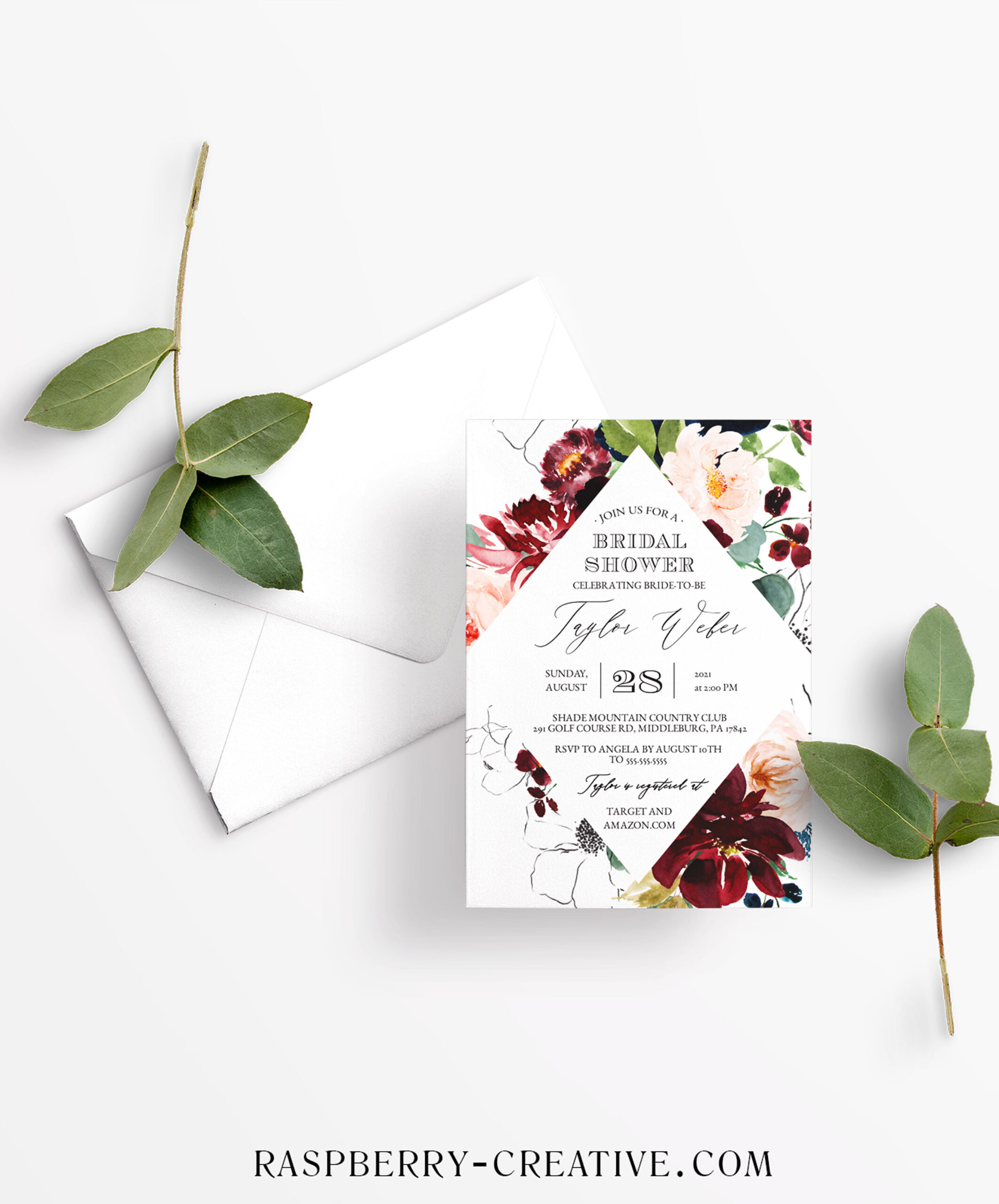 opulent navy and burgundy diamond bridal shower invitation
