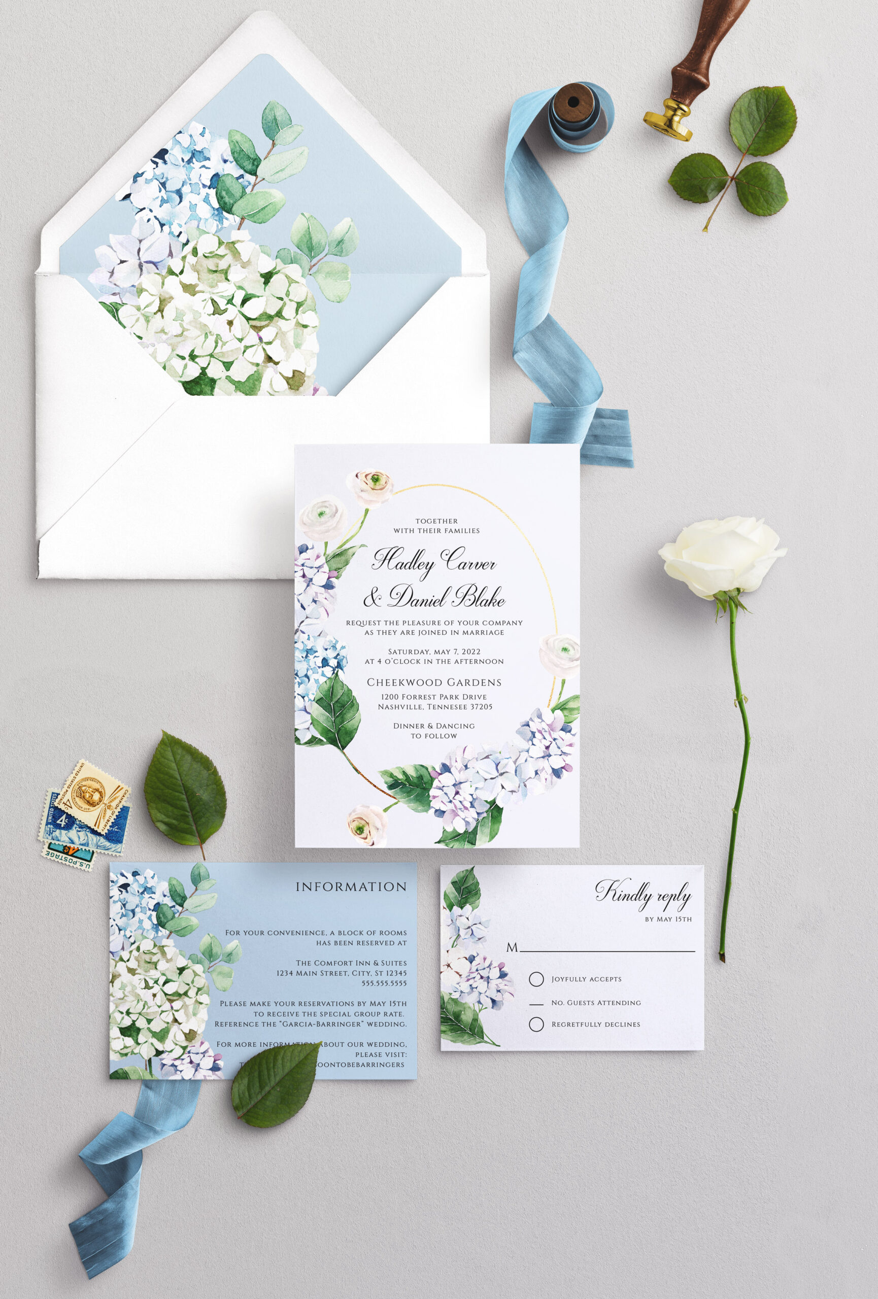 blue hydrangea wedding invitation