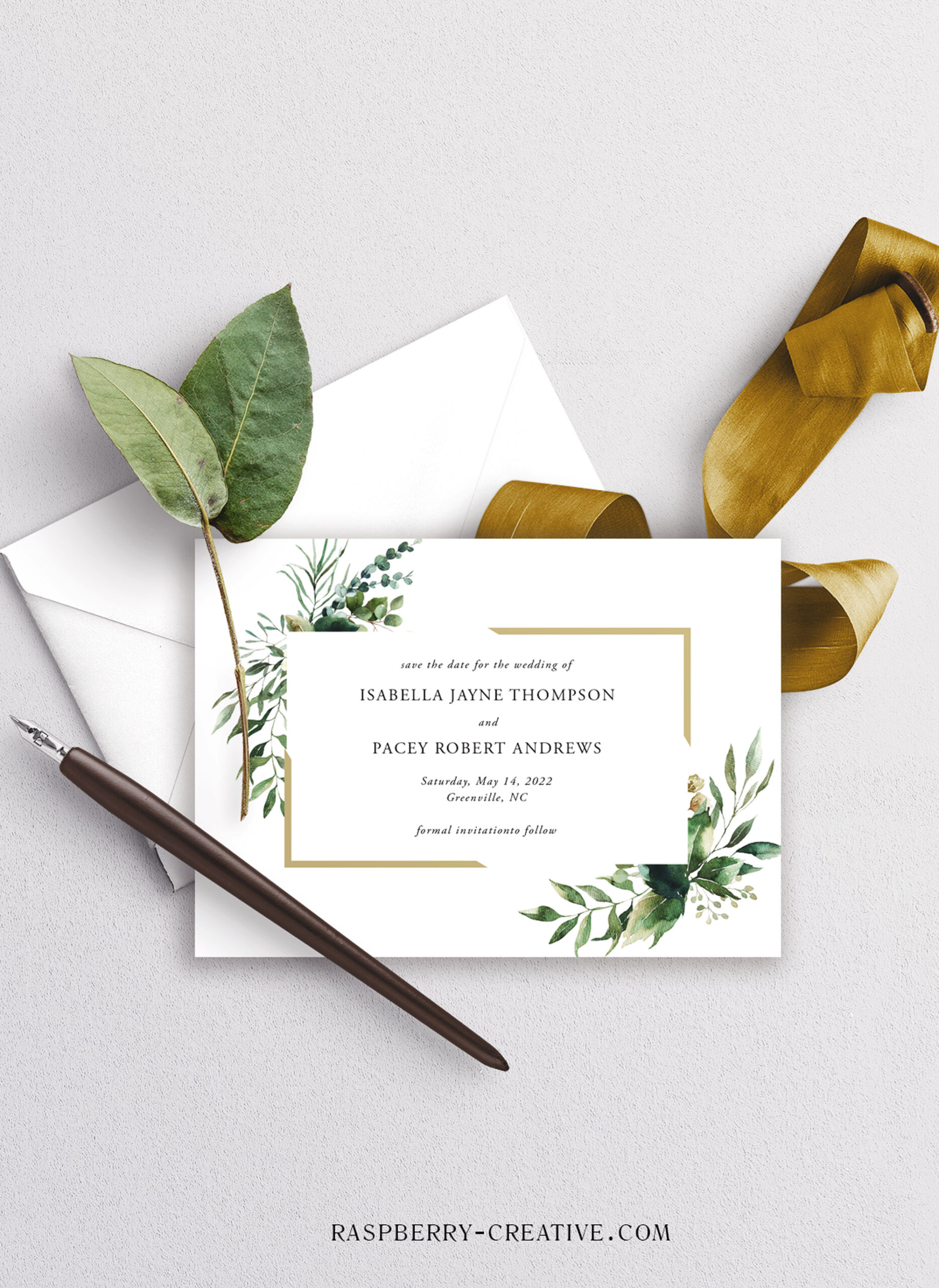 greenery and gold modern save the date card