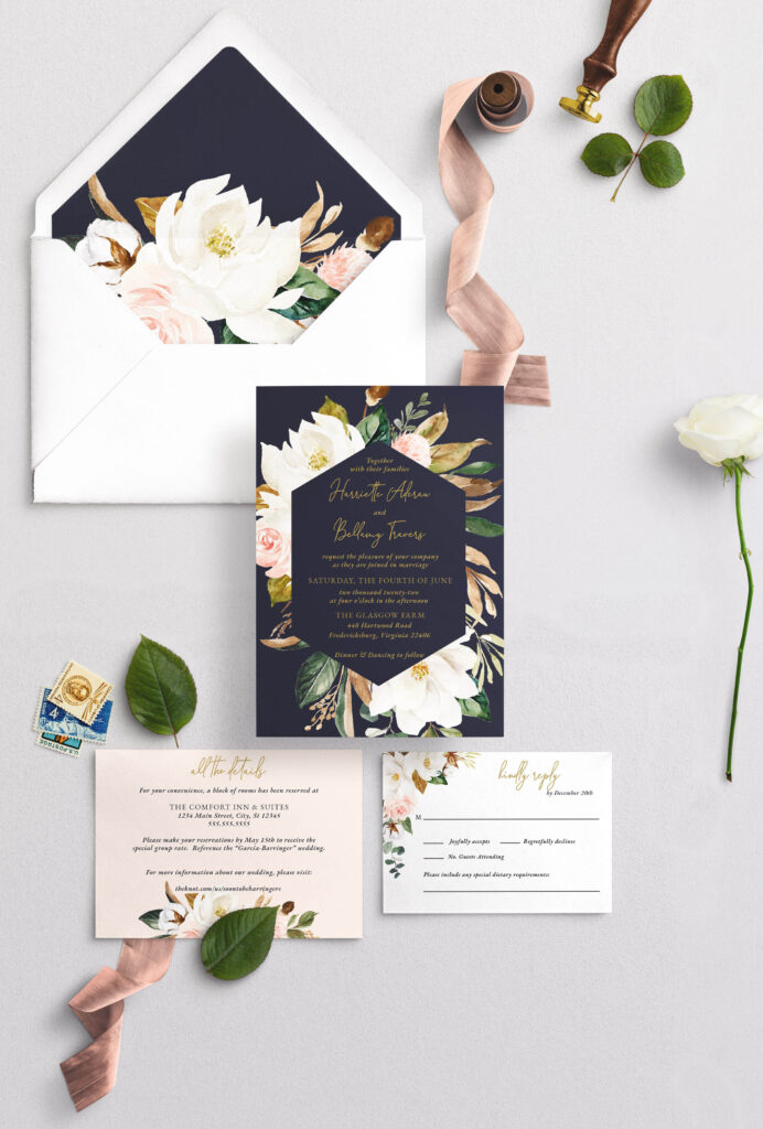 magnolia navy geometric wedding invitation
