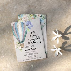 wanderlust up and away hot air balloon baby shower invitation