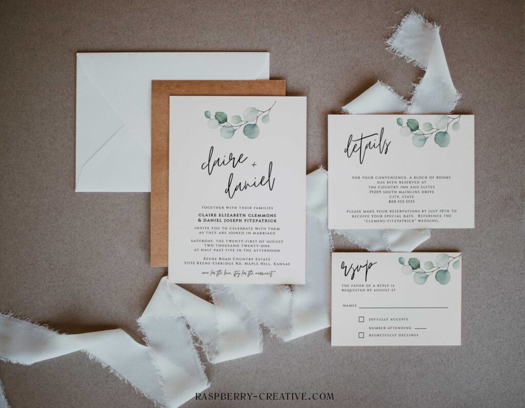 eucalyptus minimal wedding invitaion