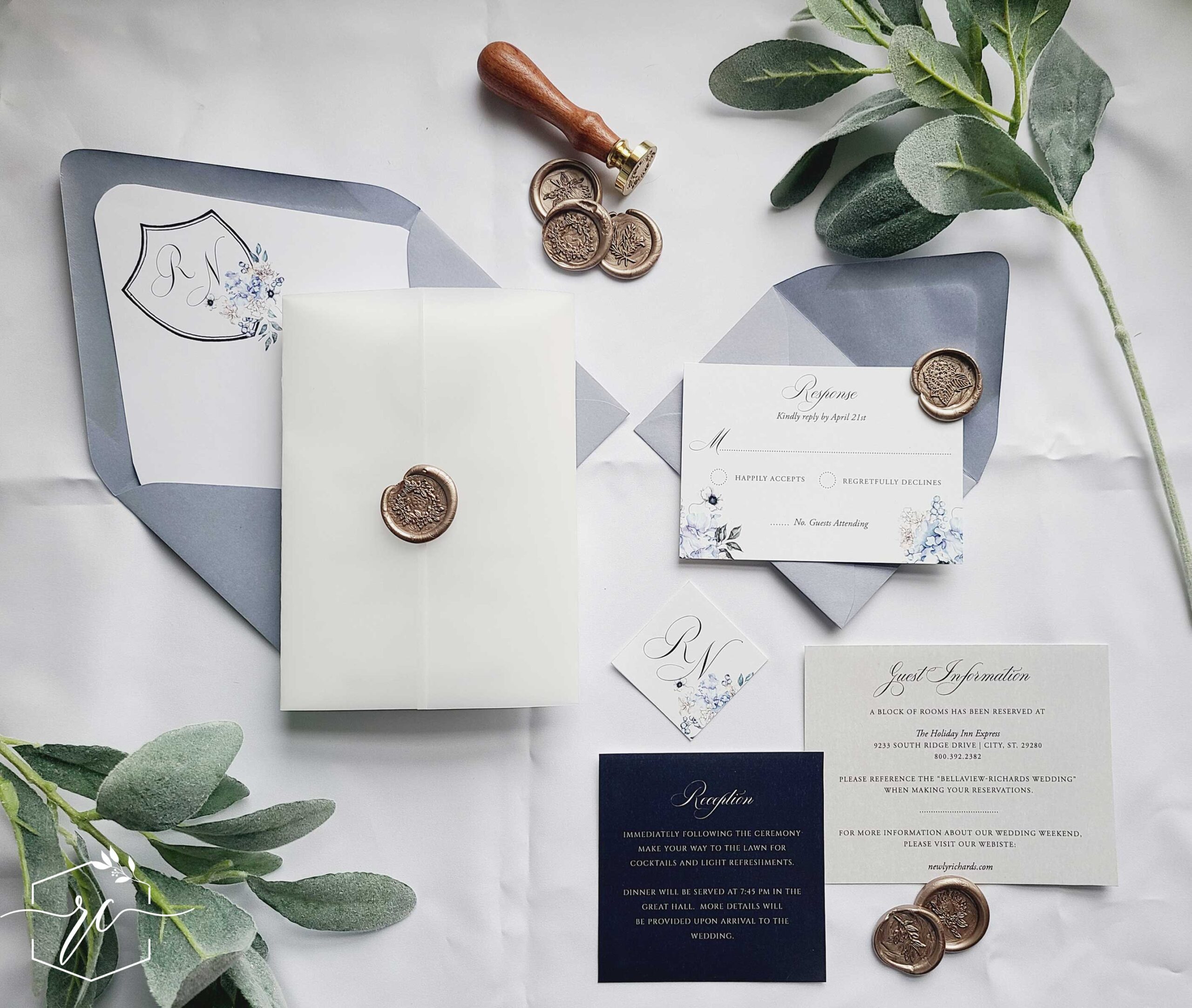 dusty blue and pink monogram wedding invitation suite