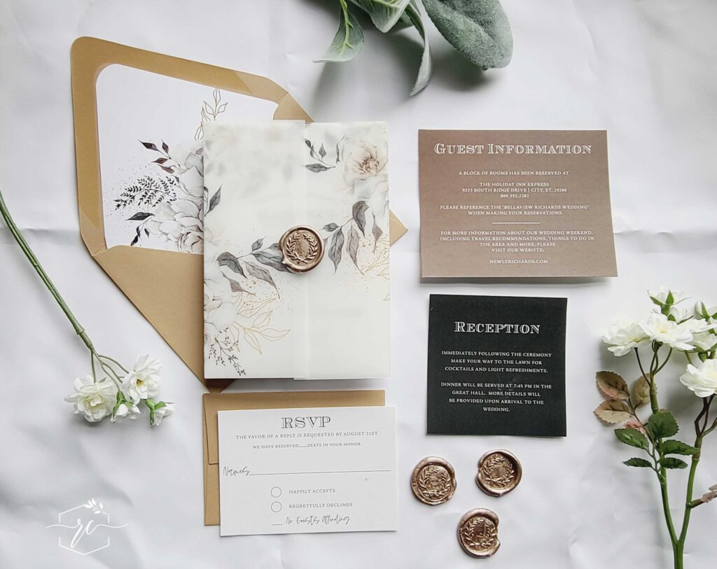 neutral floral wedding invitation suite