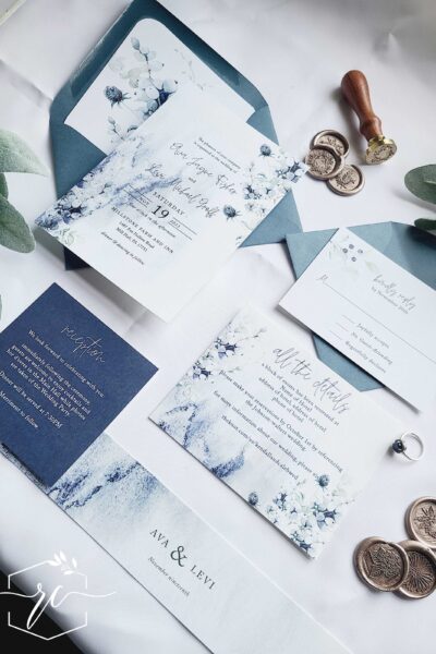 the Elara Wedding Invitation Collection - blue winter floral and watercolor invitation