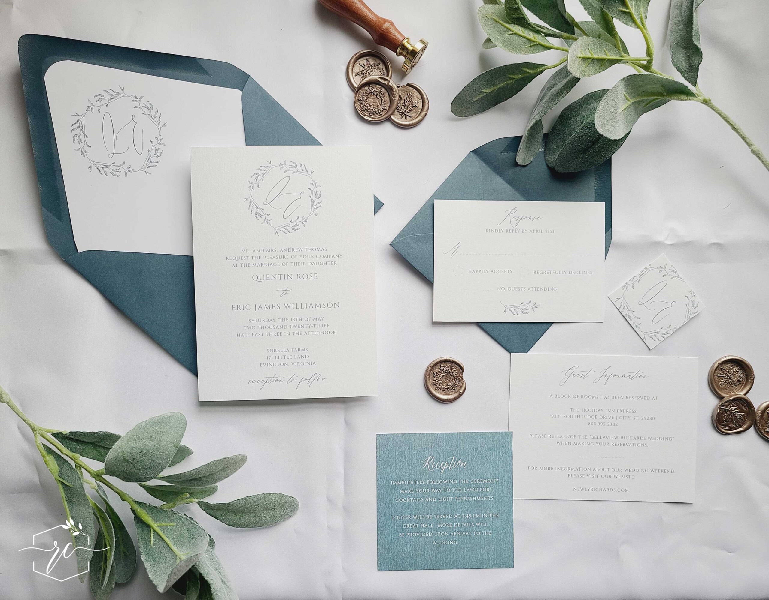 monogram wreath wedding invitation