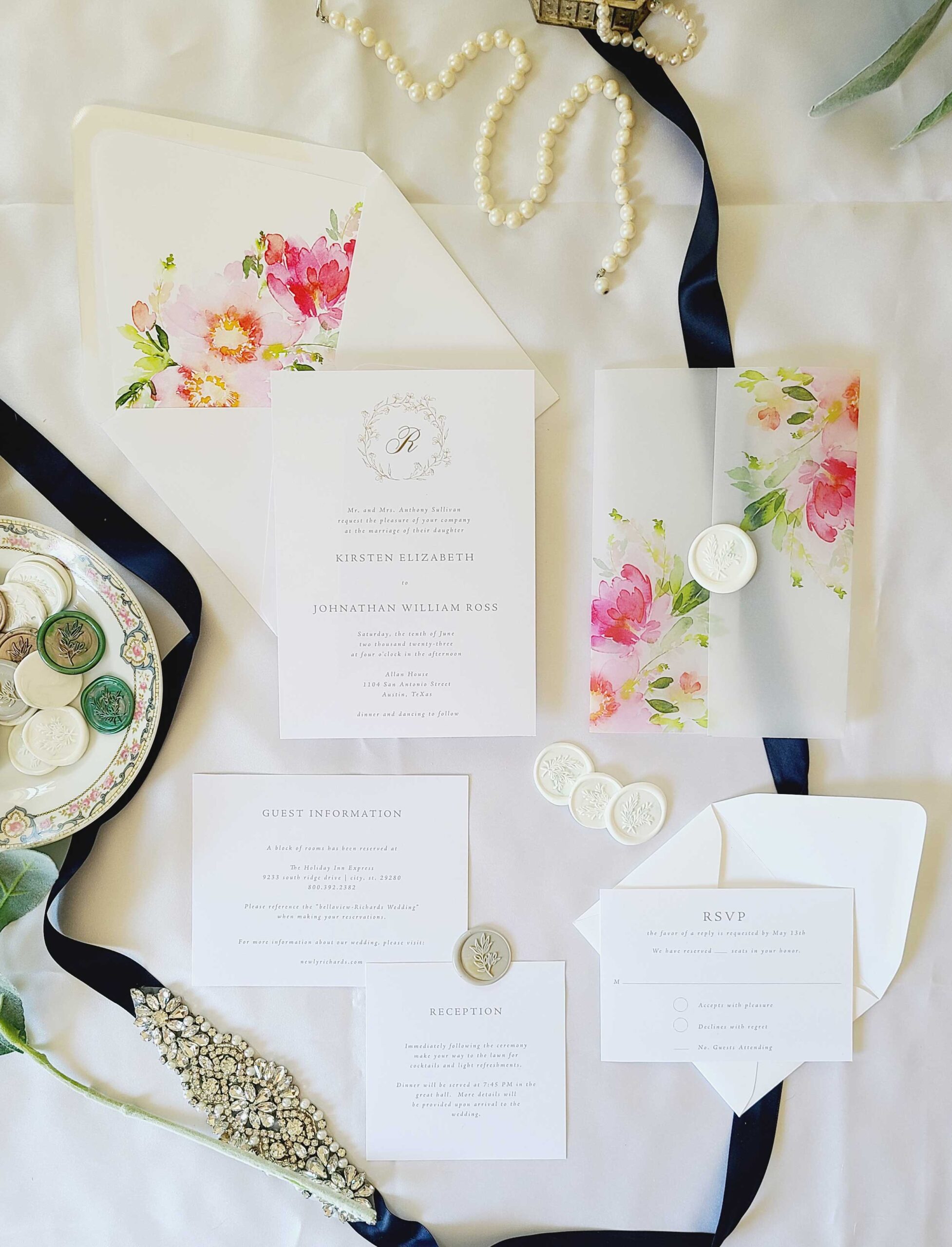 gold wreath monogram wedding invitation sutie