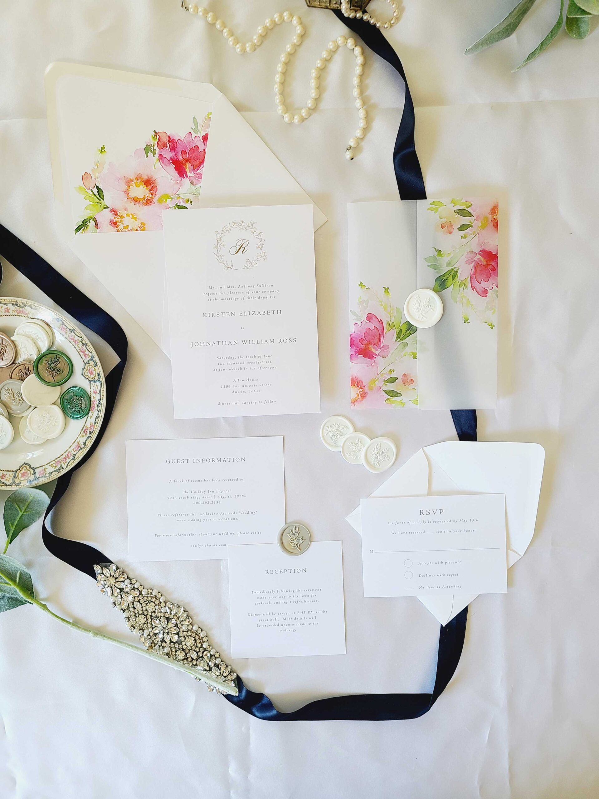whitney gold wreath monogram wedding invitation