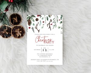 winter holiday greenery drop christmas party invitation