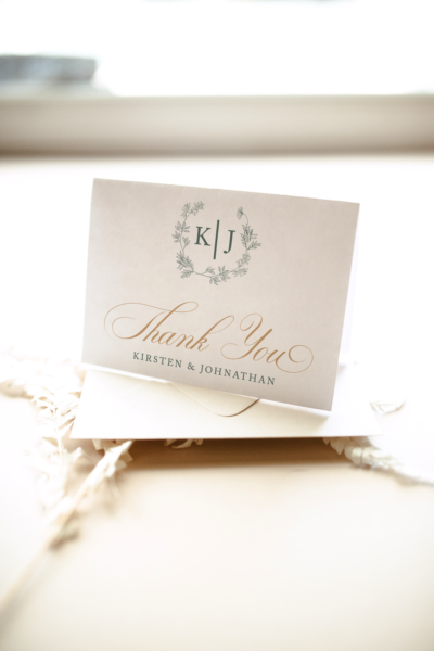 the annabelle suite- green and gold wedding thank you card