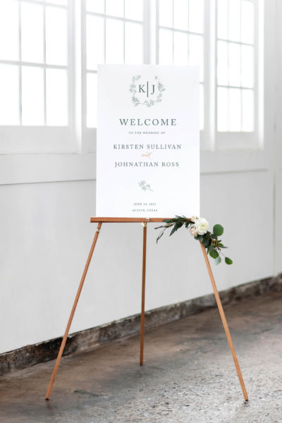 the annabelle suite - green and gold monogram wreath wedding ceremony welcome sign