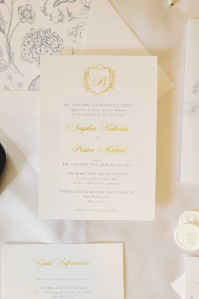 french-blue-toile and gold crest wedding invitation suite