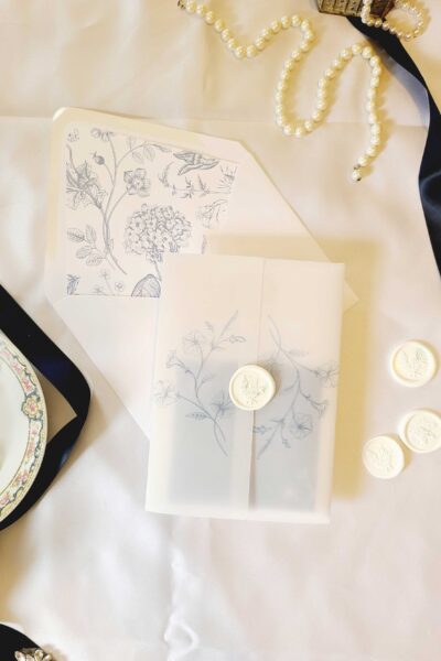 the camille suite - french blue toile with gold crest wedding invitation suite
