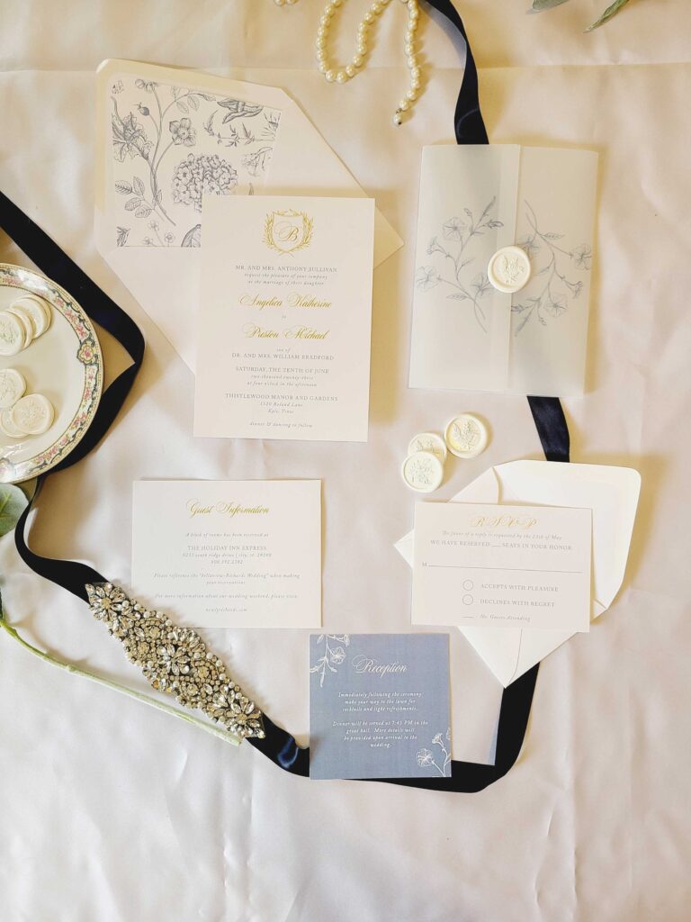 the camille suite - french blue toile with gold crest wedding invitation suite
