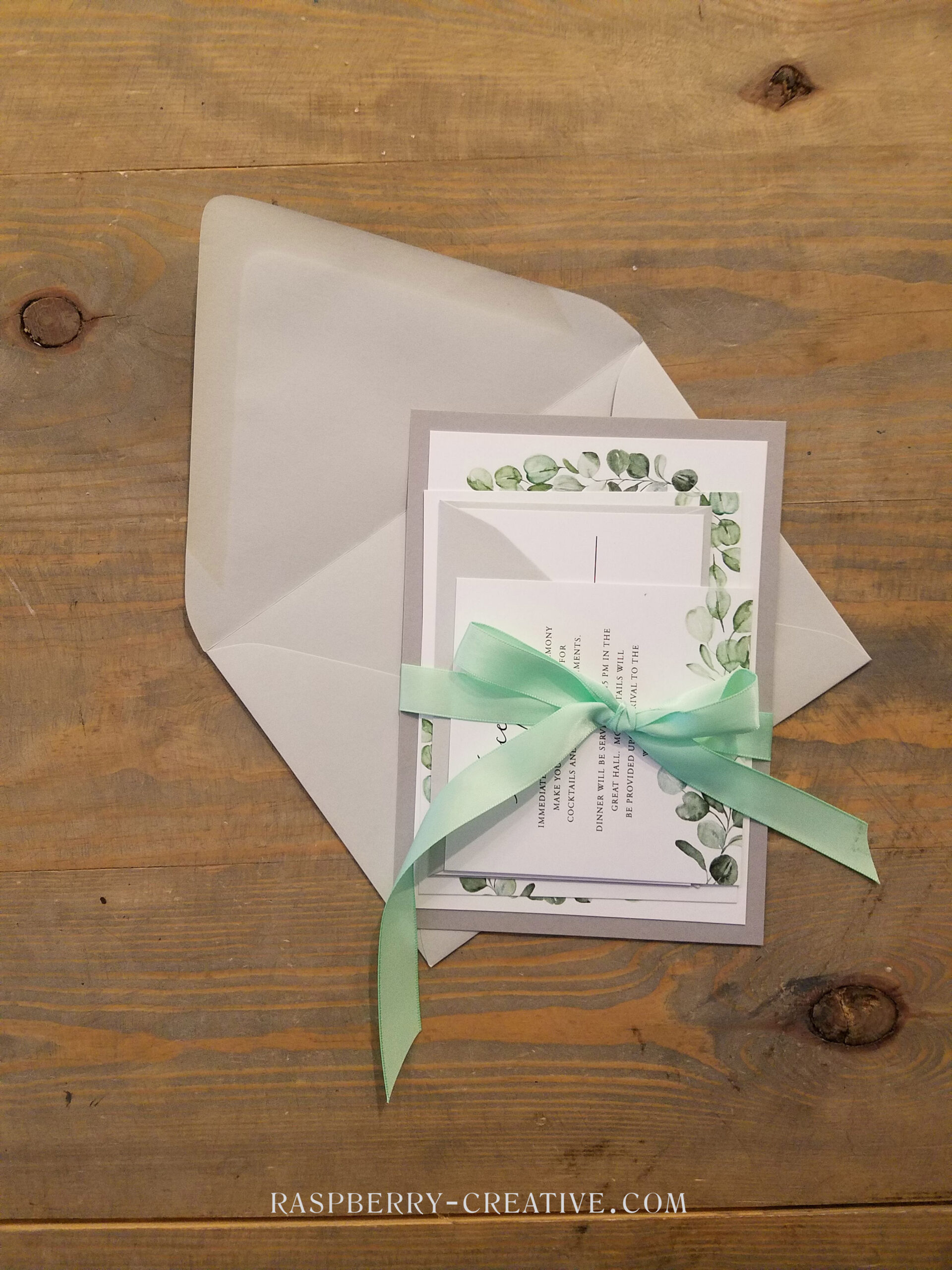 mint eucalyptus ribbon wedding invitation suite