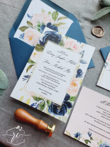 navy blush border vellum wedding invitation suite