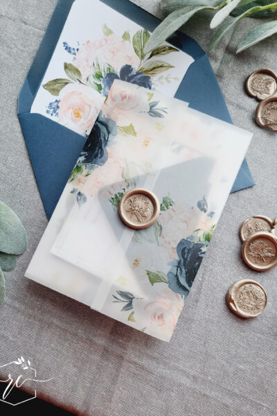 the romane wedding invitation suite - navy blue and blush floral vellum invitation suite