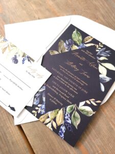 The Heloise Wedding Invitation Suite - navy blue and greenery diamond wedding invitation suite