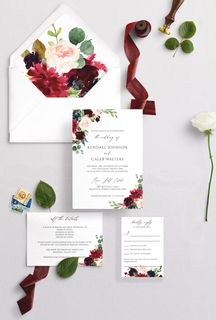 The Kendall Wedding Invitation Suite - burgundy, blush and navy floral corners