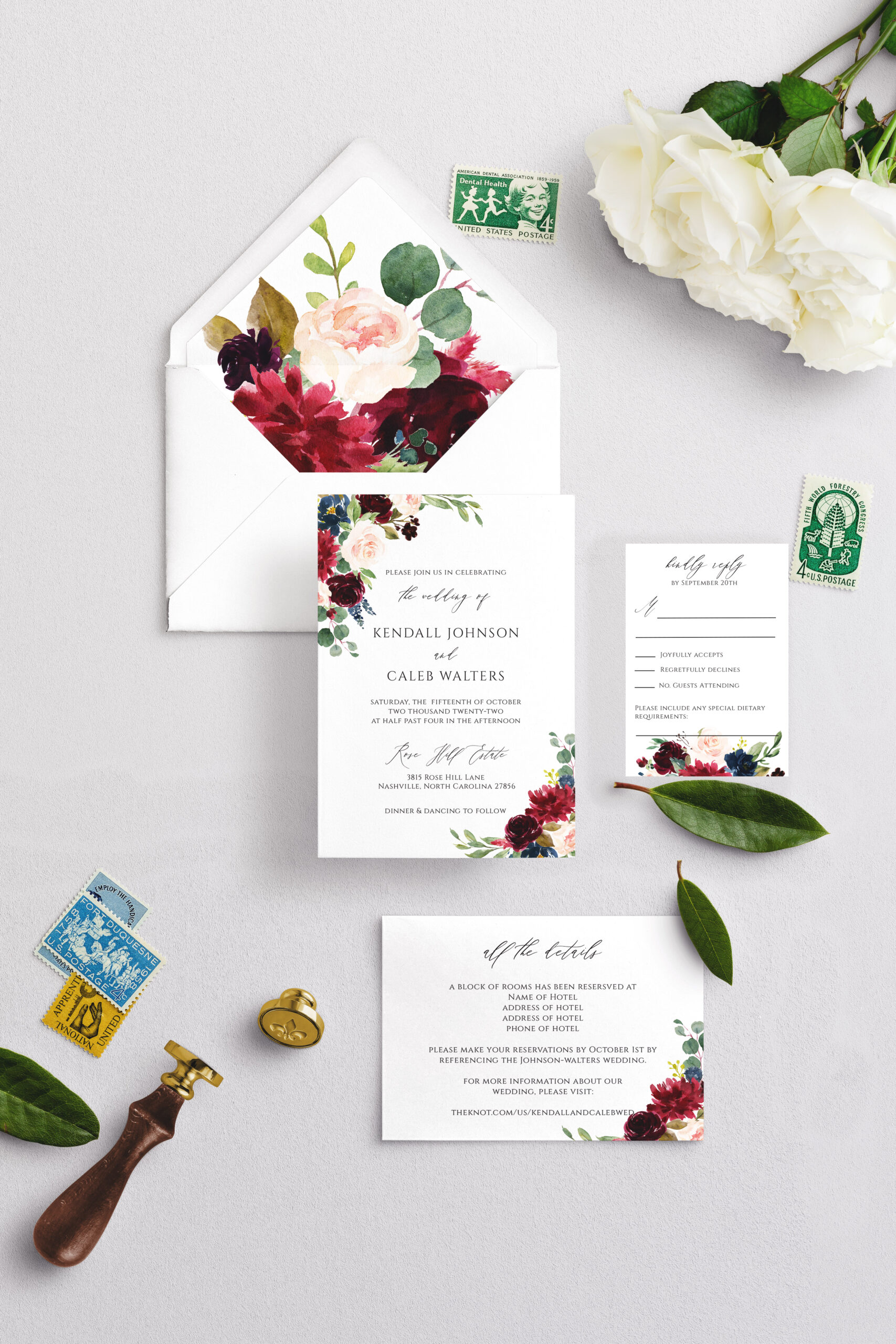 The Kendall Wedding Invitation Suite - burgundy, blush and navy floral corners