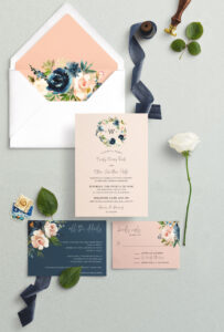 the judy wedding invitation suite - navy blue and dusty pink floral wreath monogram