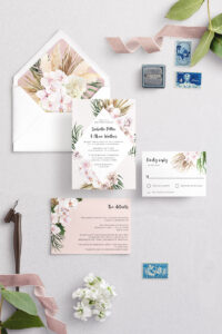 The Delaney Wedding Invitation Suite - pink tropical flowers with a diamond frame