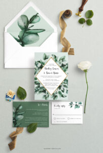 The Margery Wedding Invitation Suite - Dark Green eucalyptus diamond frame