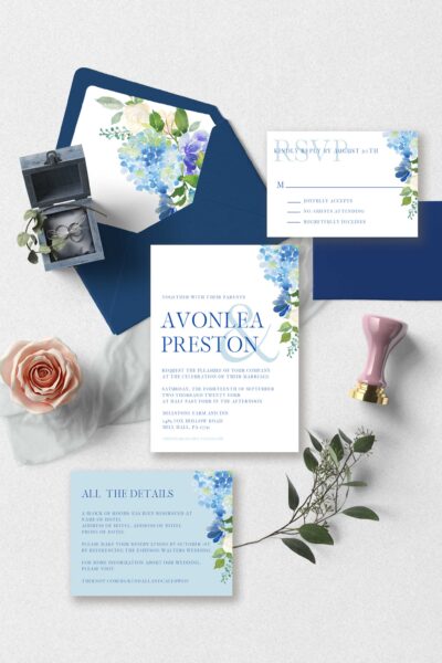 the gabi suite - modern blue hydrangeas wedding invitations