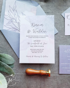 The Casey Wedding Invitation suite - simple watercolor and hand draw branches in shades of purple and lavender