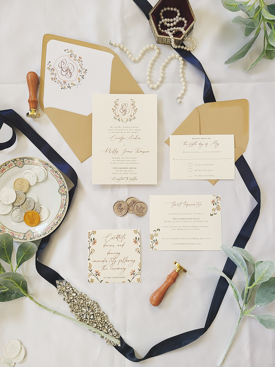 tatiana coral monogram vellum wedding invitation suite