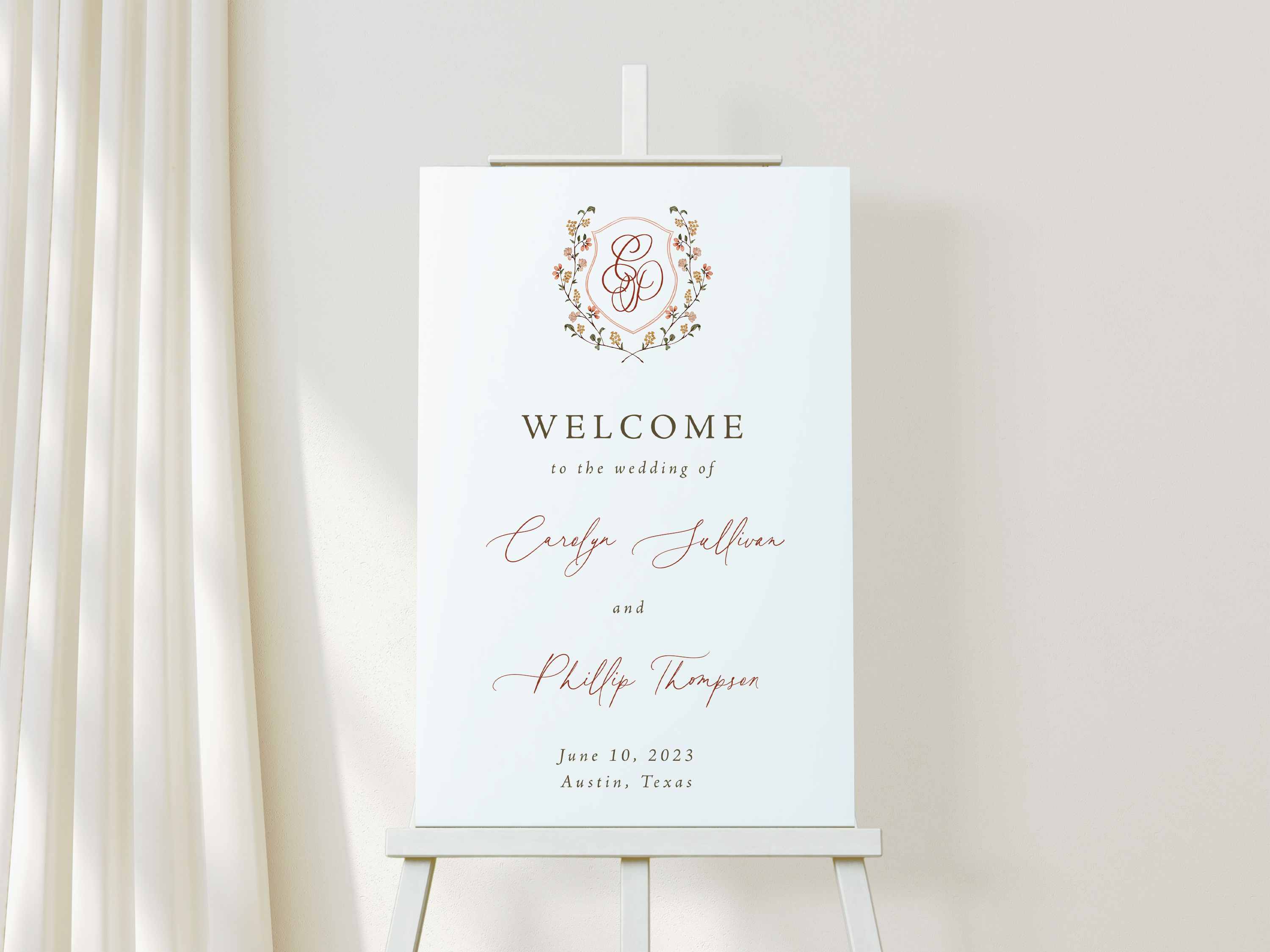 tatiana coral monogram crest large format welcome sign