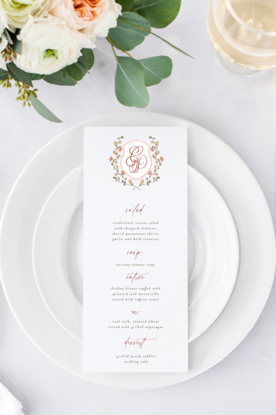tatiana coral monogram crest wedding menu card tall
