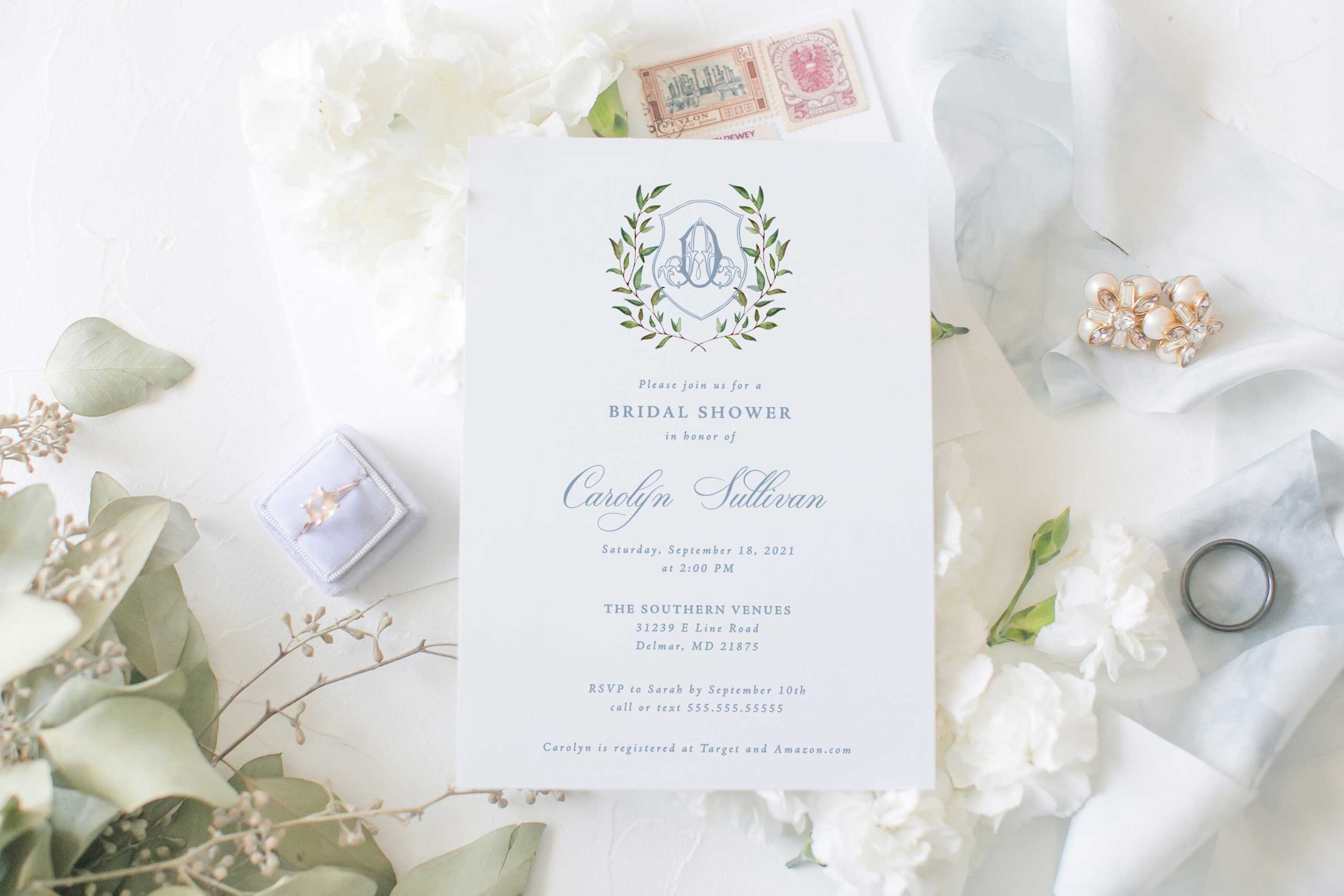 sibyl dusty blue classic monogram crest bridal shower invitation