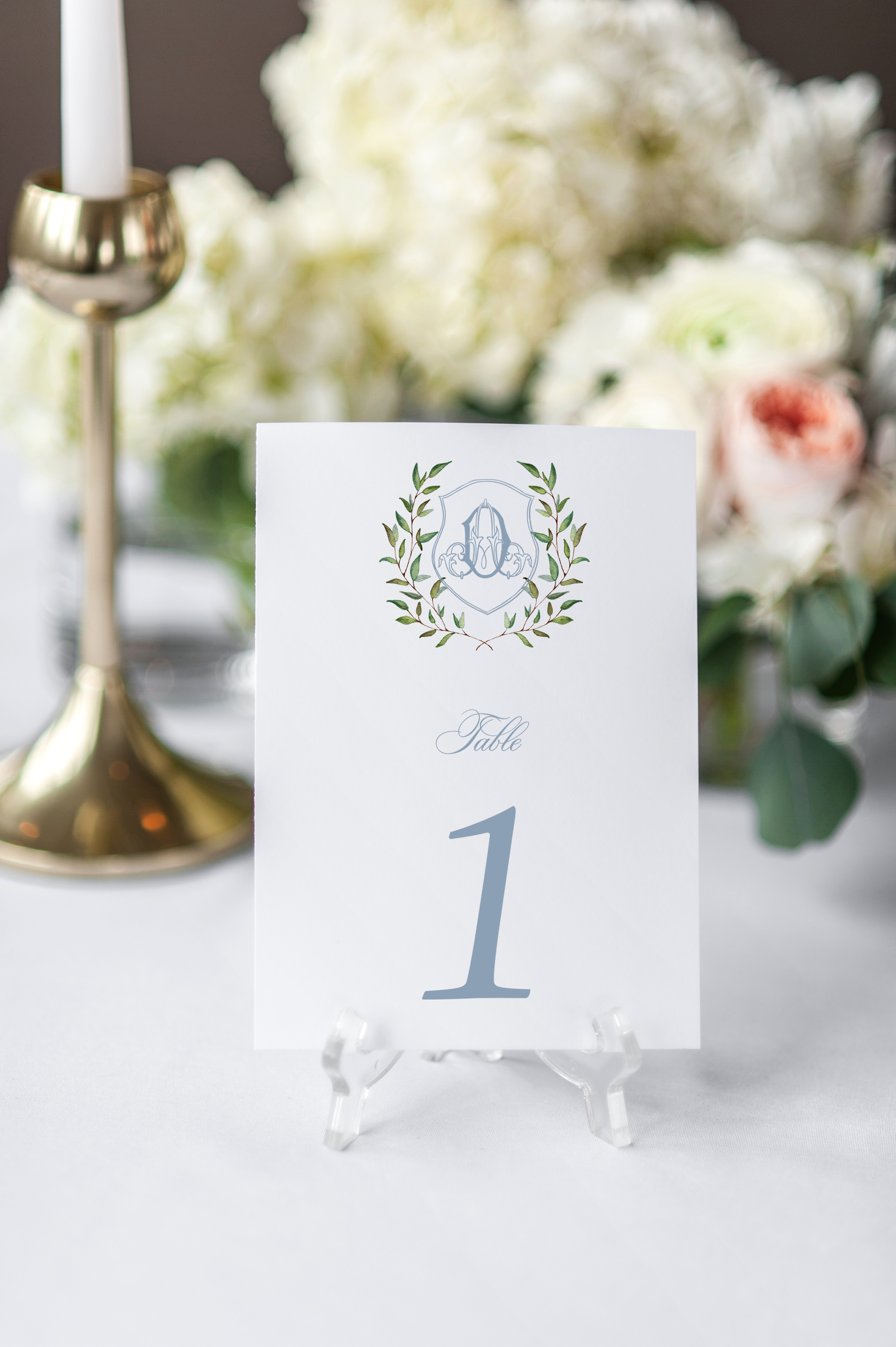 sibyl dusty blue classic monogram crest table numbers