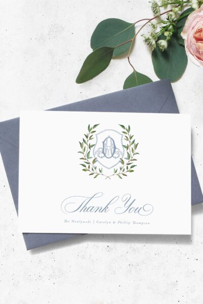 sibyl dusty blue monogram crest wedding thank you card
