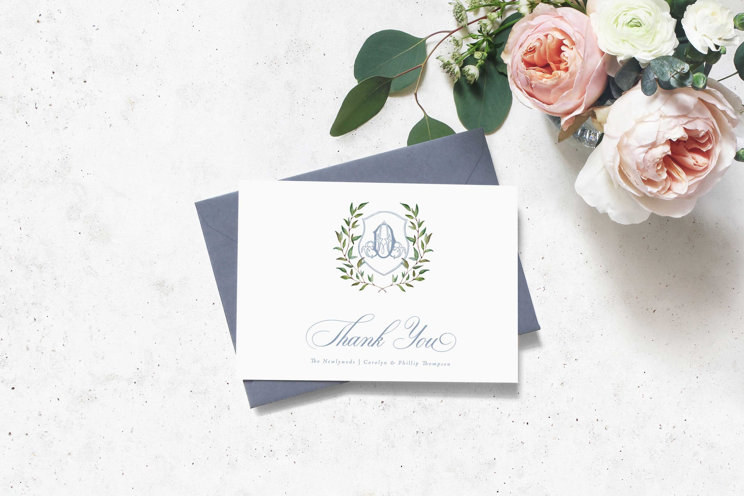 sibyl dusty blue monogram crest wedding thank you card