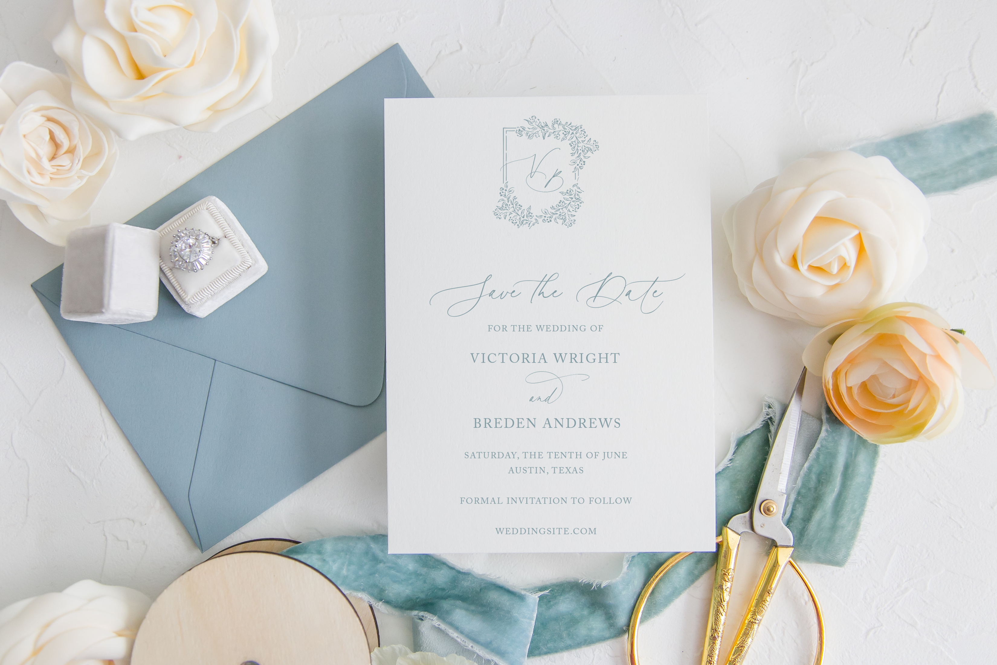 odette hand drawn flower calligraphy monogram crest save the date card
