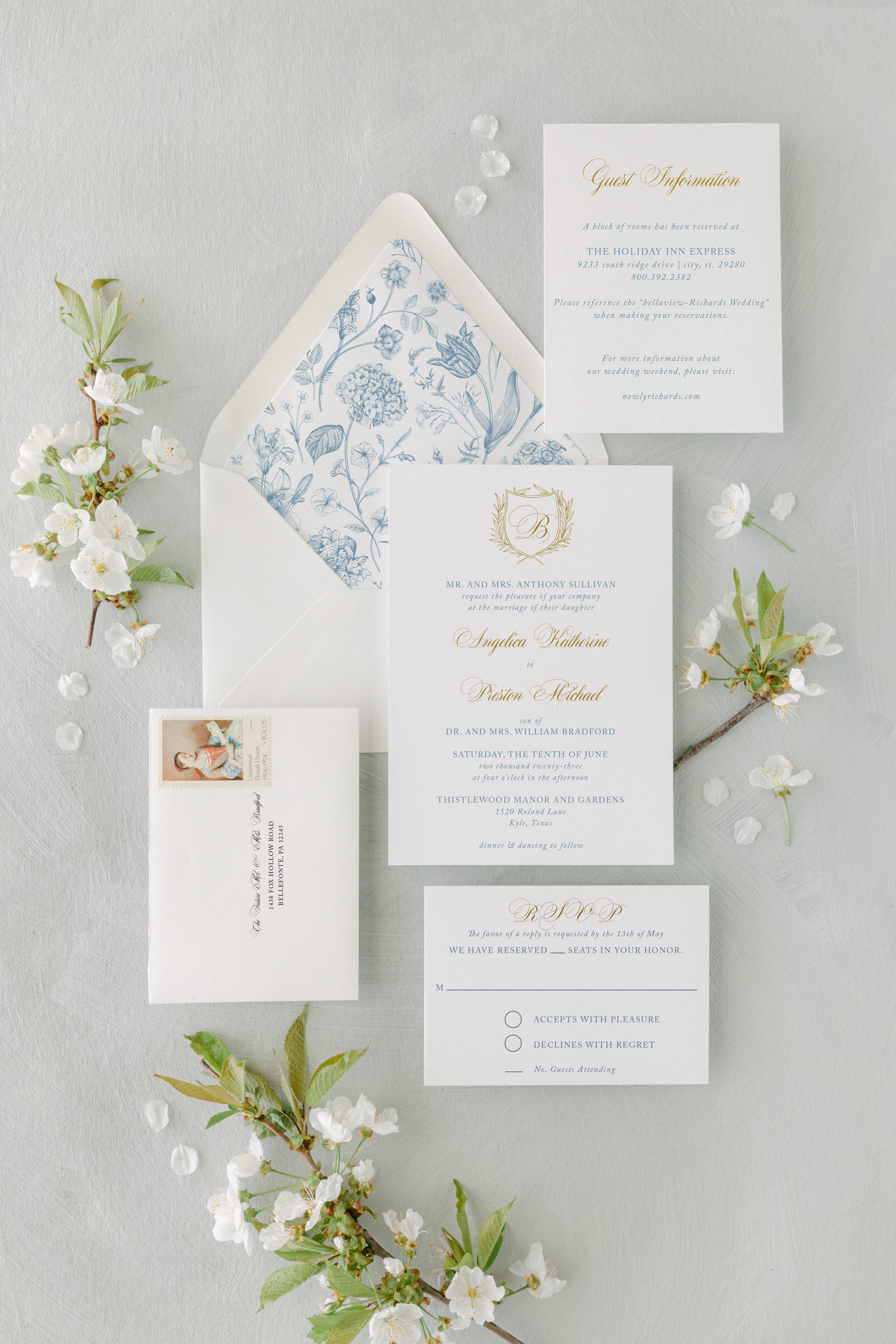 camille french blue toile crest wedding invitation suite