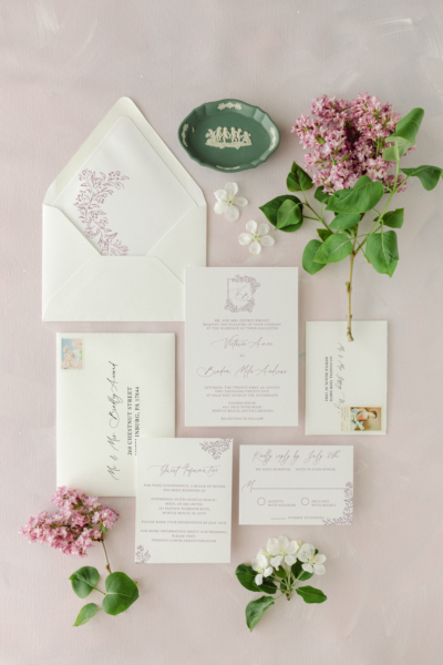 odette dusty lilac wedding monogram crest vellum wedding invitation suite