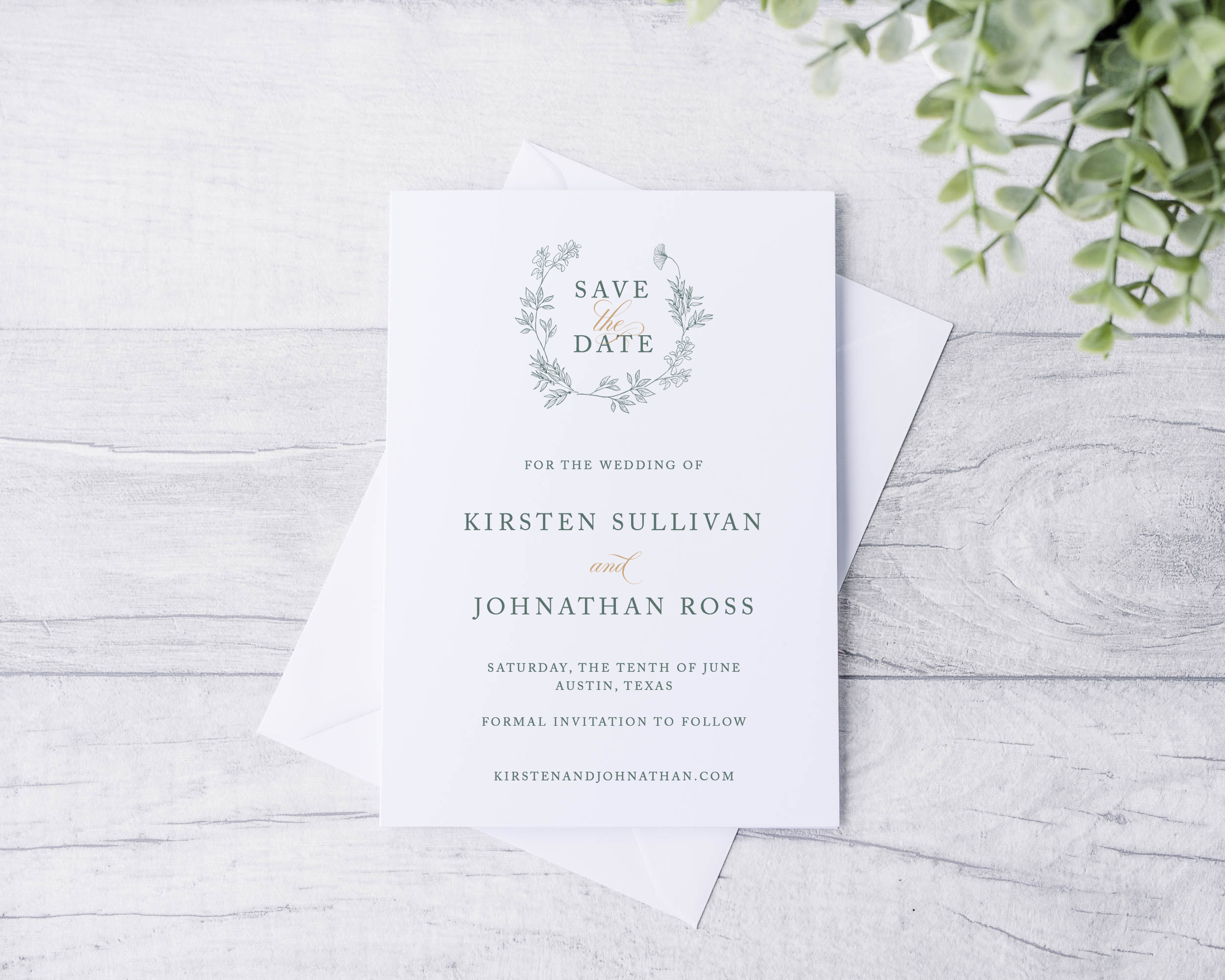 annabelle-green-gold-wreath-save the date card