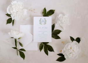 sibyl dusty blue classic monogram crest save the date card