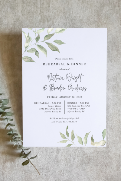ava collection tender green sage branches rehearsal dinner invitation