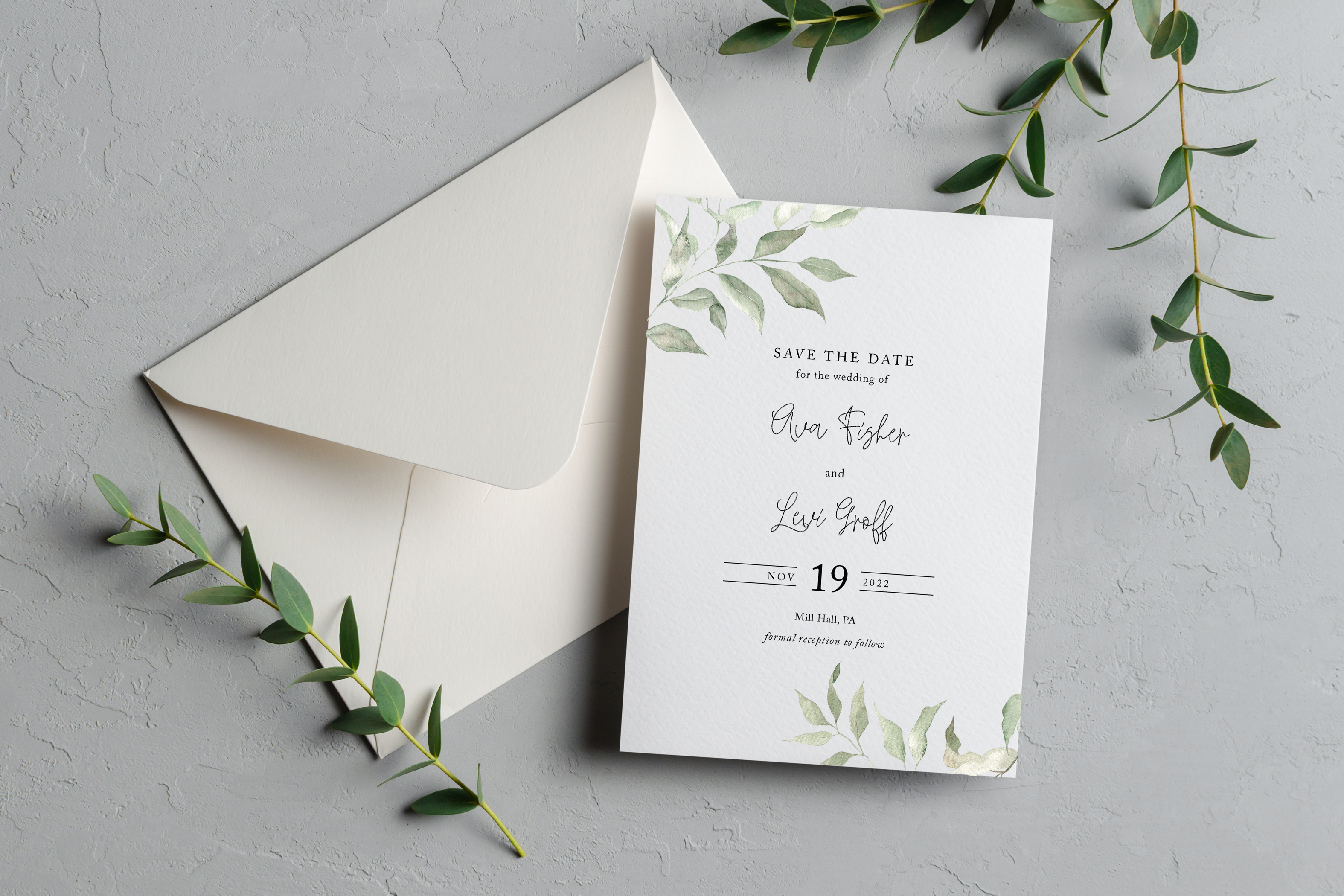ava collection tender green sage wedding save the date card