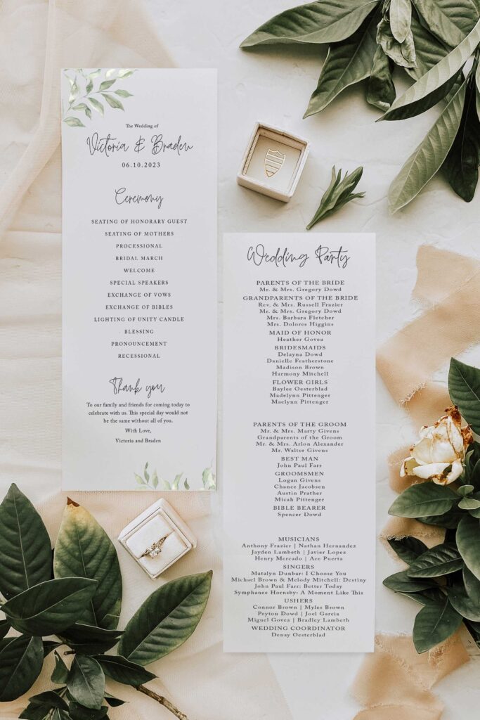 ava tender green-sage branch wedding ceremony program tall
