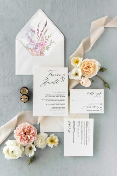 becca bon matin calligraphy wildflowers wedding invitation suite